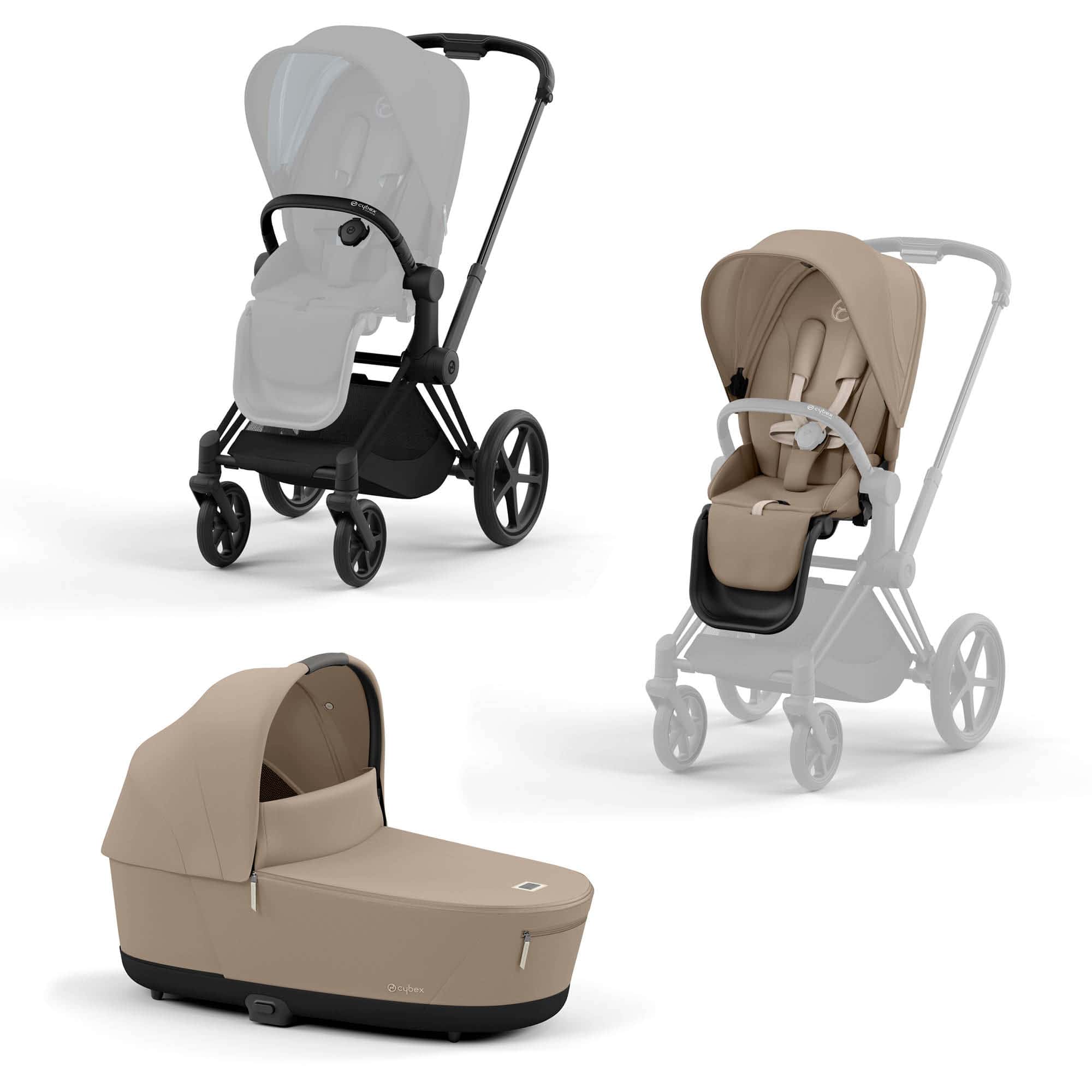 Set Priam Rahmen Matt Black mit Wanne Lux und Sitzpaket Cozy Beige cybex PLATINUM Beige 9000000000818 1