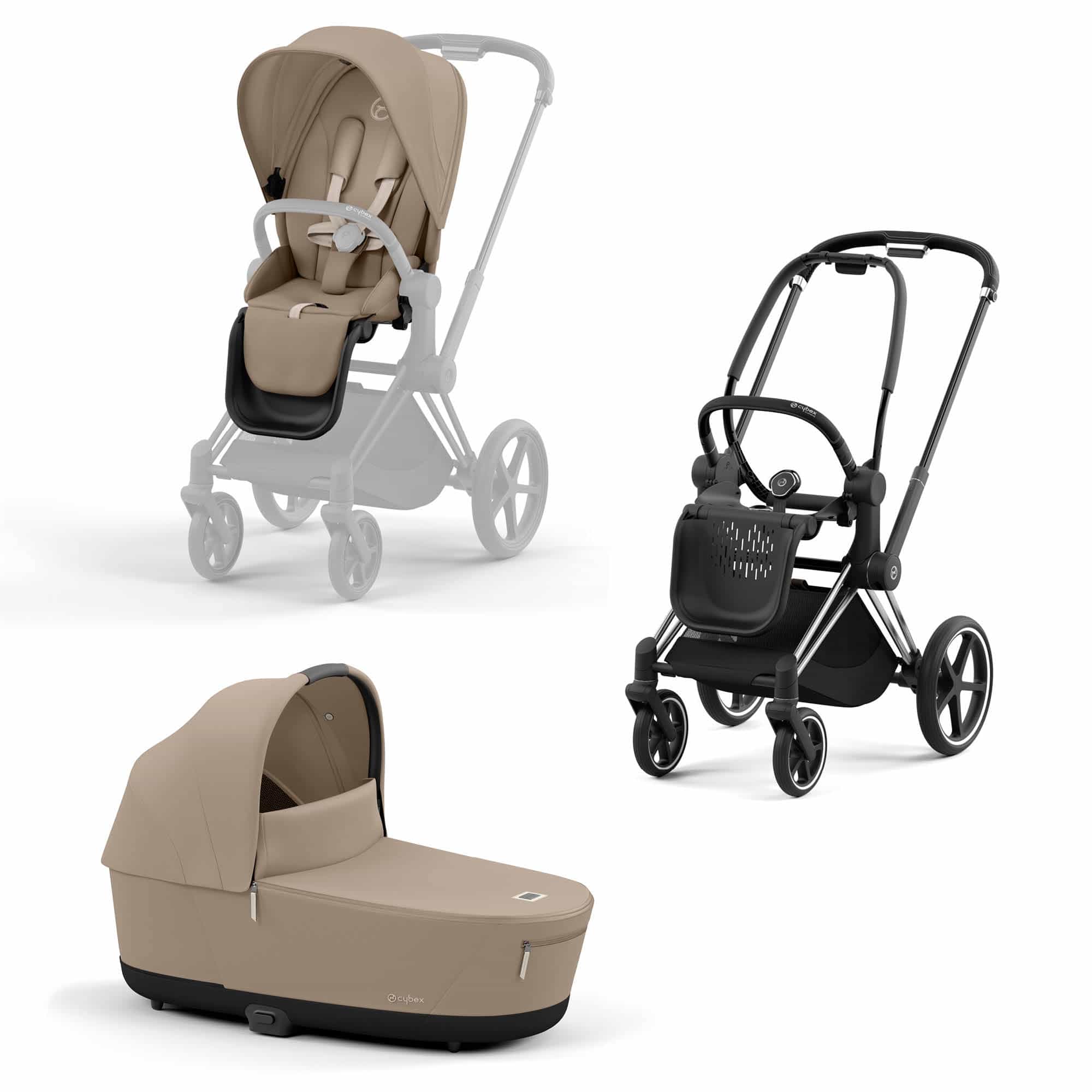 Set Priam Rahmen Chrome Black mit Wanne Lux und Sitzpaket Cozy Beige cybex PLATINUM Beige 9000000000817 1