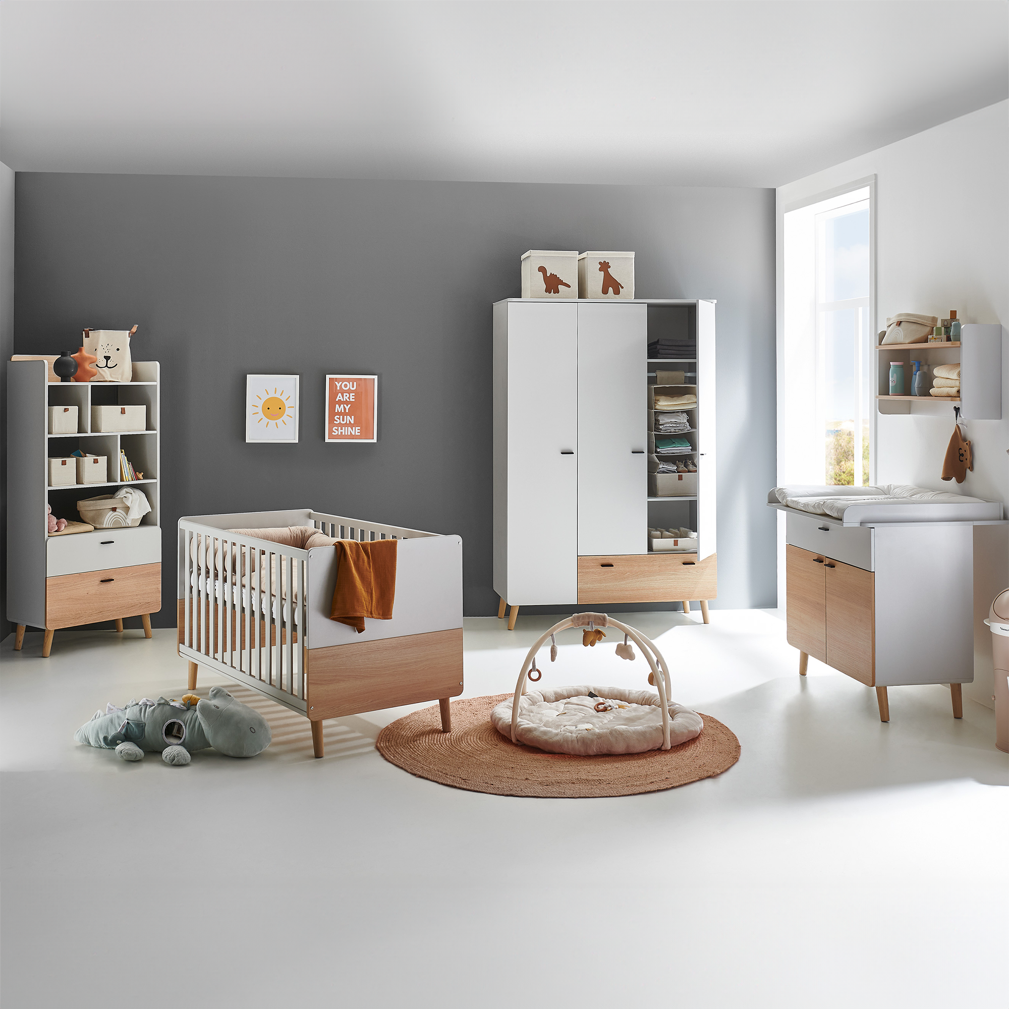 3-teiliges Babyzimmer Lovis mit Kommodenfüßen 88 cm für die schmale Wickelkommode Arthur Berndt Grau 9000000000770 1