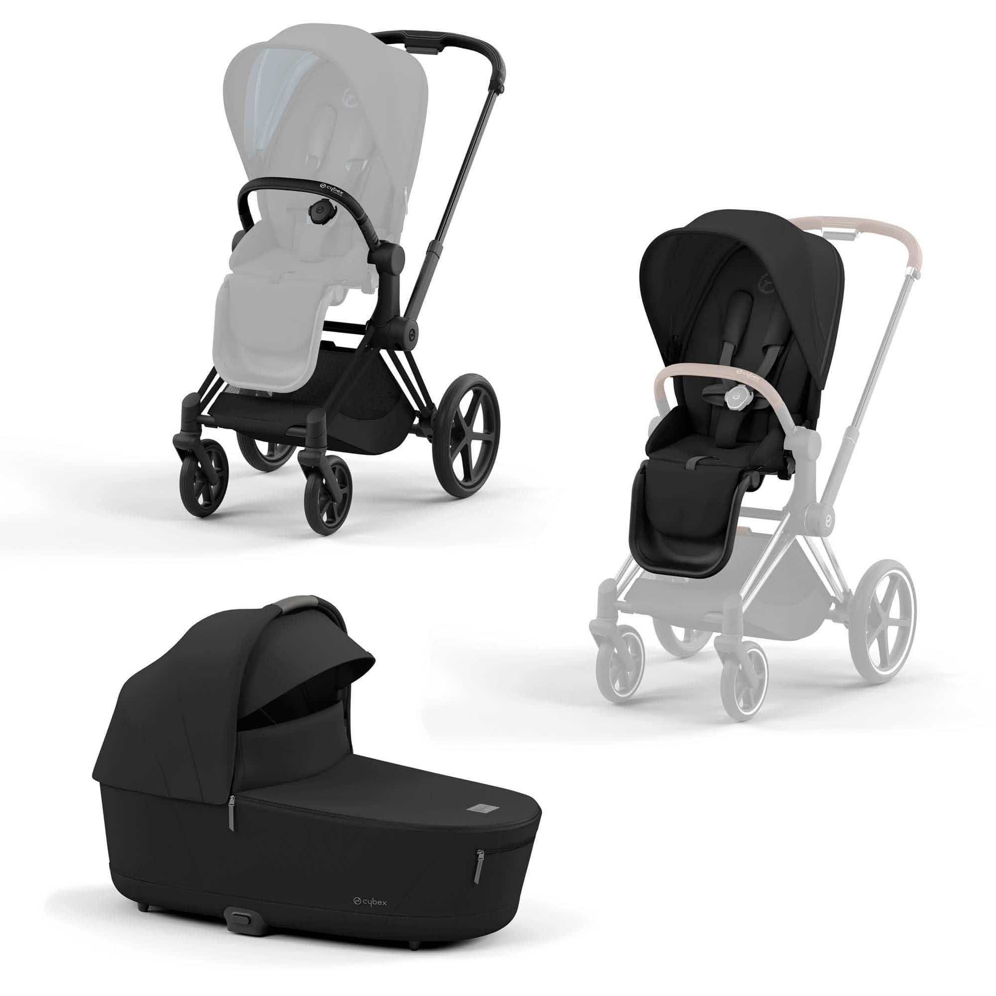 Set Priam Rahmen Matt Black mit Wanne Lux und Sitzpaket Sepia Black cybex PLATINUM Schwarz 9000000000820 1