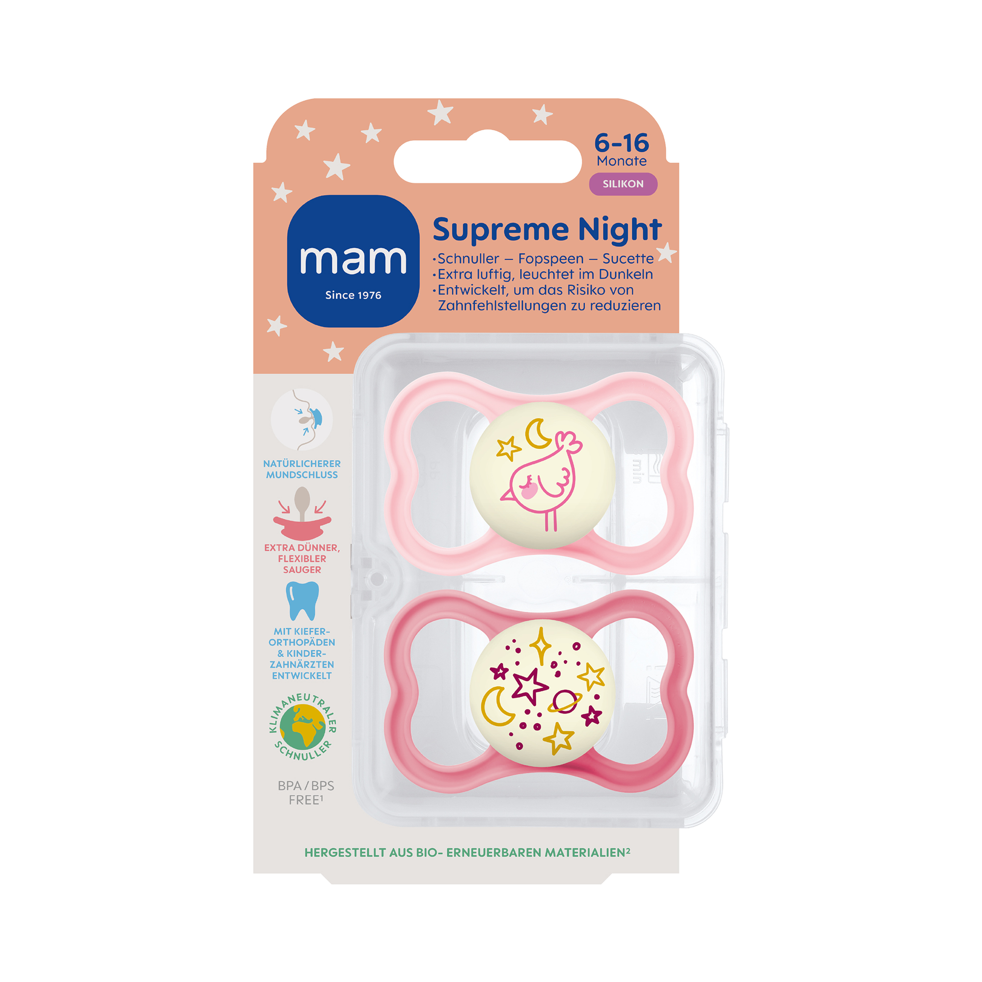 Beruhigungssauger Supreme Night Silikon 6 - 16 Monate MAM Rosa 2000585438203 2