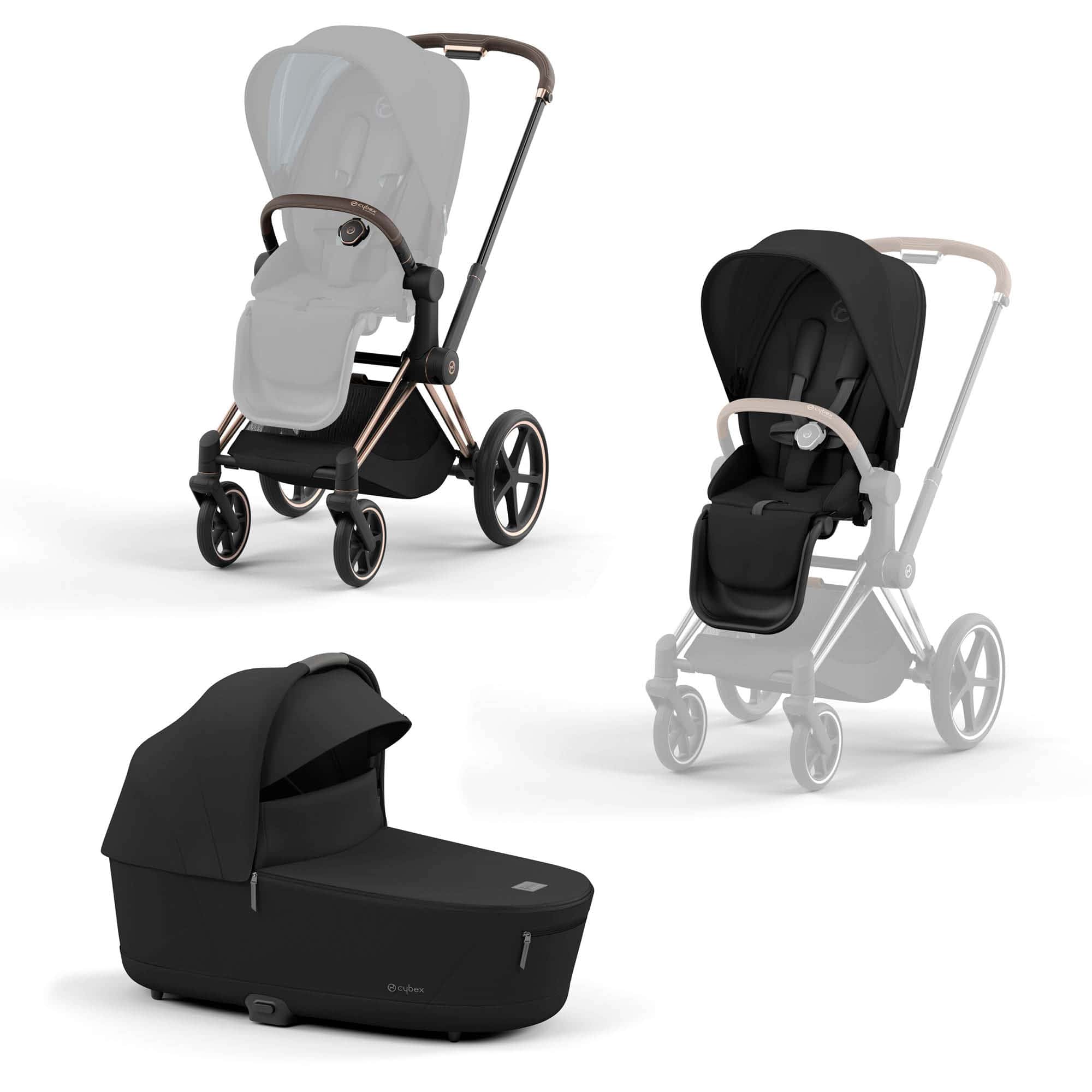 Set Priam Rahmen Rosegold  mit Wanne Lux und Sitzpaket Sepia Black cybex PLATINUM Schwarz 9000000000821 1