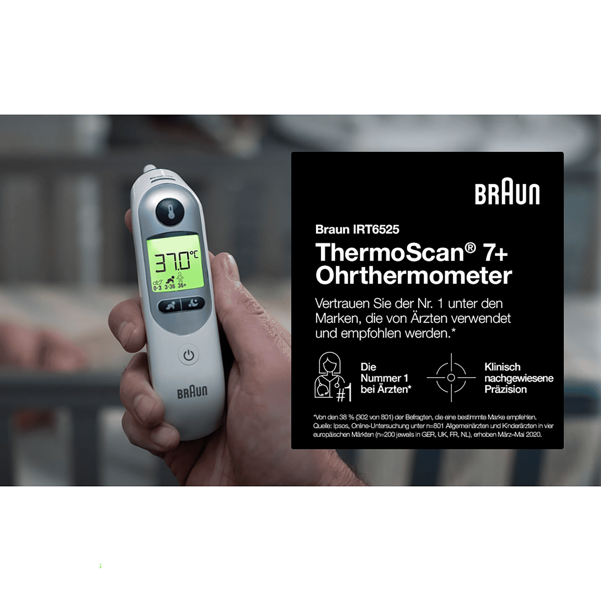 Braun ThermoScan 7 Ohrthermometer (Age Precision, farbcodierte  Temperaturanzeige, Fieber, sicher, hygienisch, klinisch genau, schonende)  IRT6520, 1